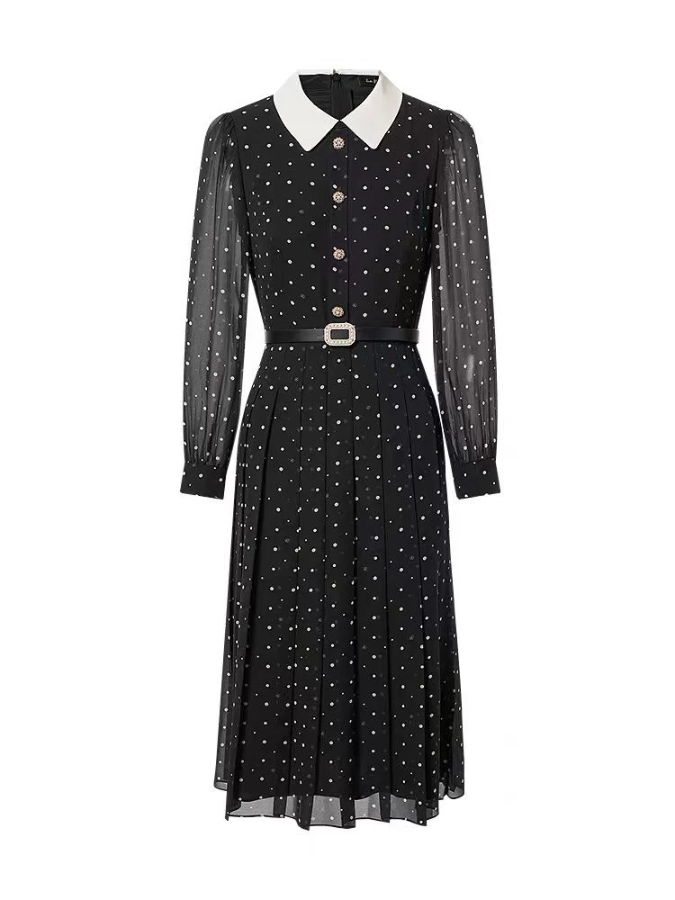 2025春季新款法式波点洋装裙翻领气质a字裙修身