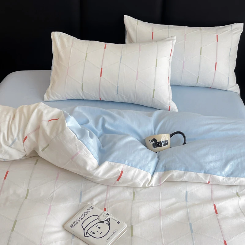 A简约轻奢高级ins风100%棉全棉四件套水洗棉提花亲肤柔软被套双人