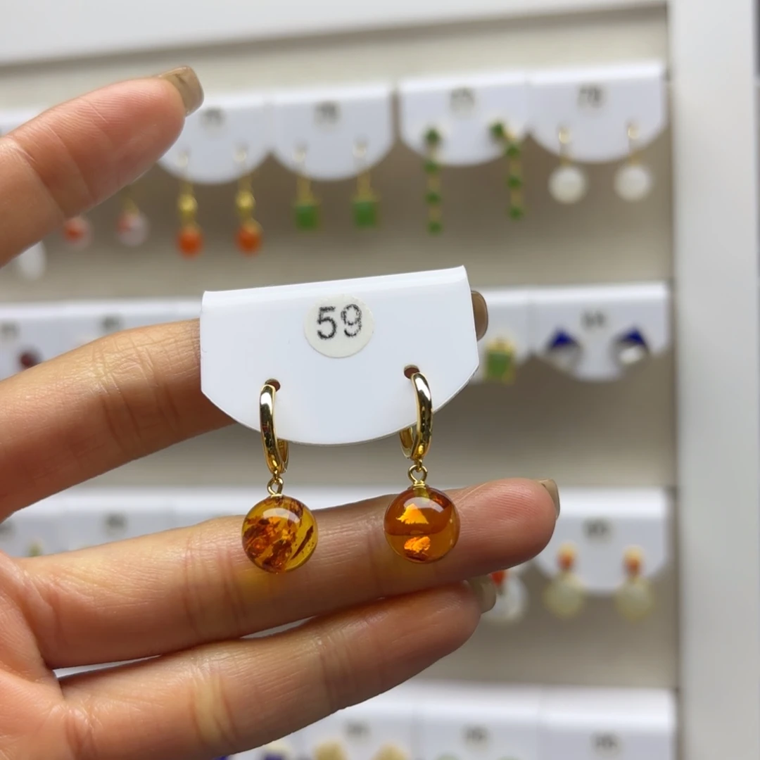 琥珀（花珀）银S925镶嵌耳饰