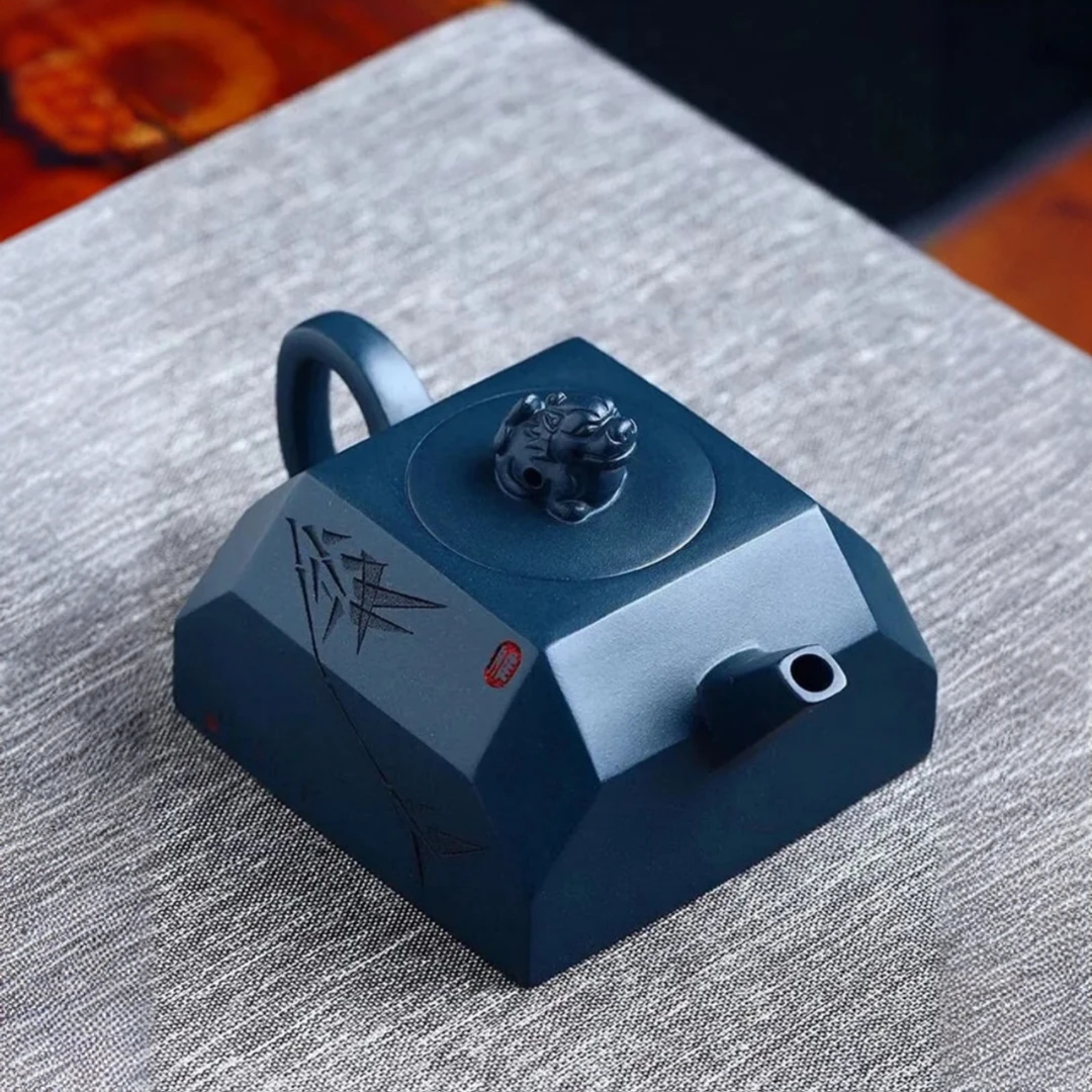 精品国工紫砂壶珍藏天青泥四方吉兽茶壶名家纯全手玉玺单壶手制