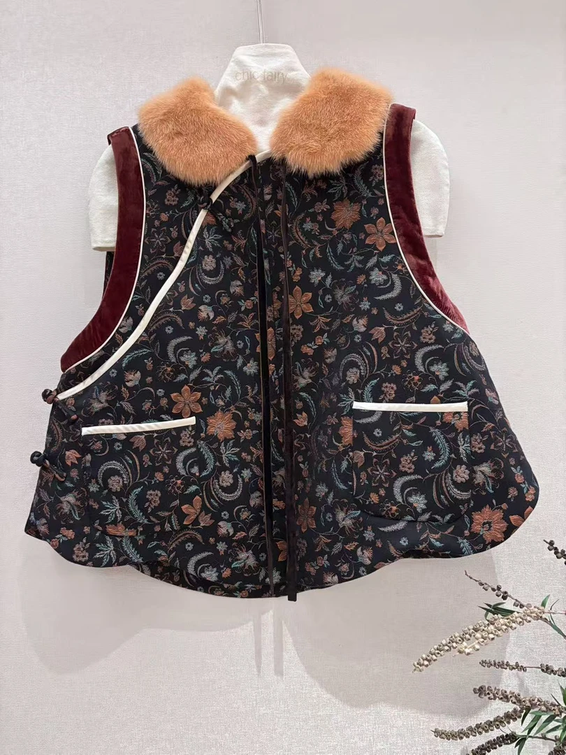 CHIC FAIRY【涟漪】新款国风中式斜襟水貂毛领提花马甲