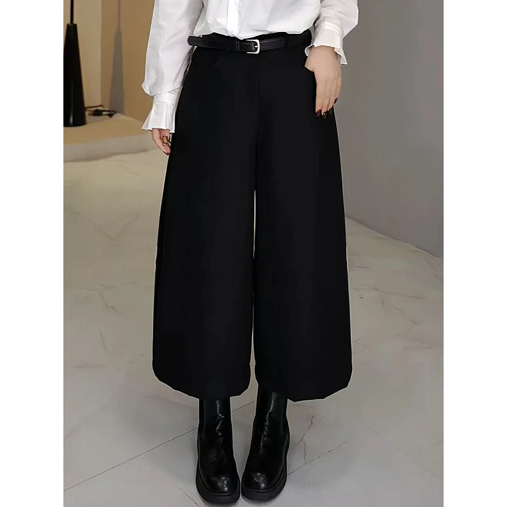 韩系气质2025年秋季时尚纯色高腰阔腿裤半松紧腰百搭休闲阔腿裤子