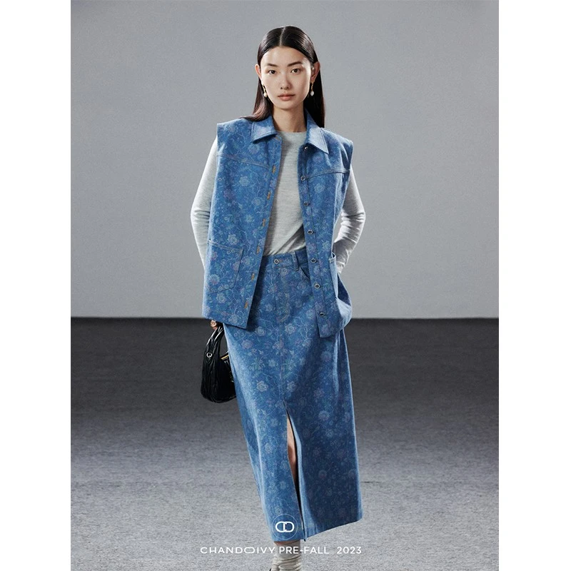 CHANDOOIVY意大利进口FAISA花卉亮丝牛仔纱 vtg翻领马甲/开叉半裙