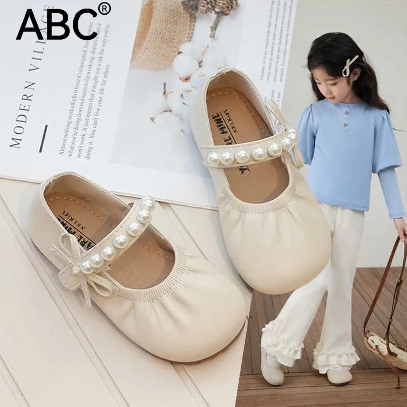 ABC女童公主鞋2025夏季新款时尚儿童小皮鞋珍珠夏款女孩豆豆单鞋
