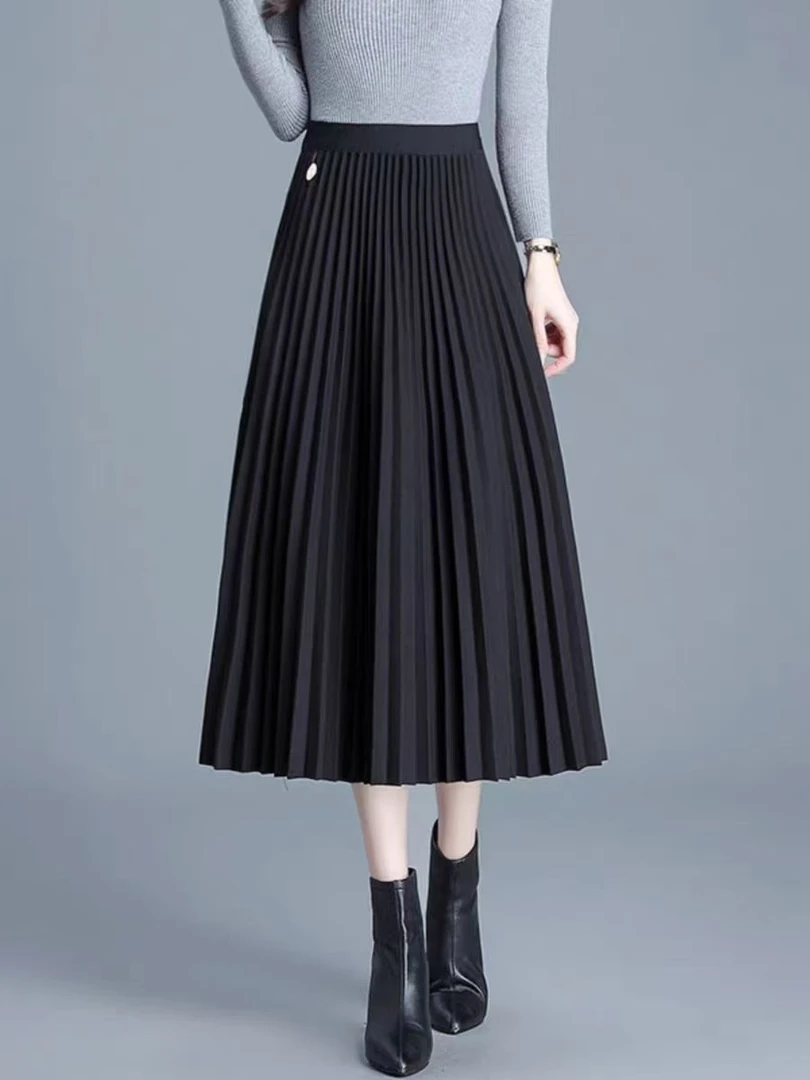 毛呢百褶中长款半身裙裙显瘦高腰百搭黑色秋冬垂感A字时尚高级