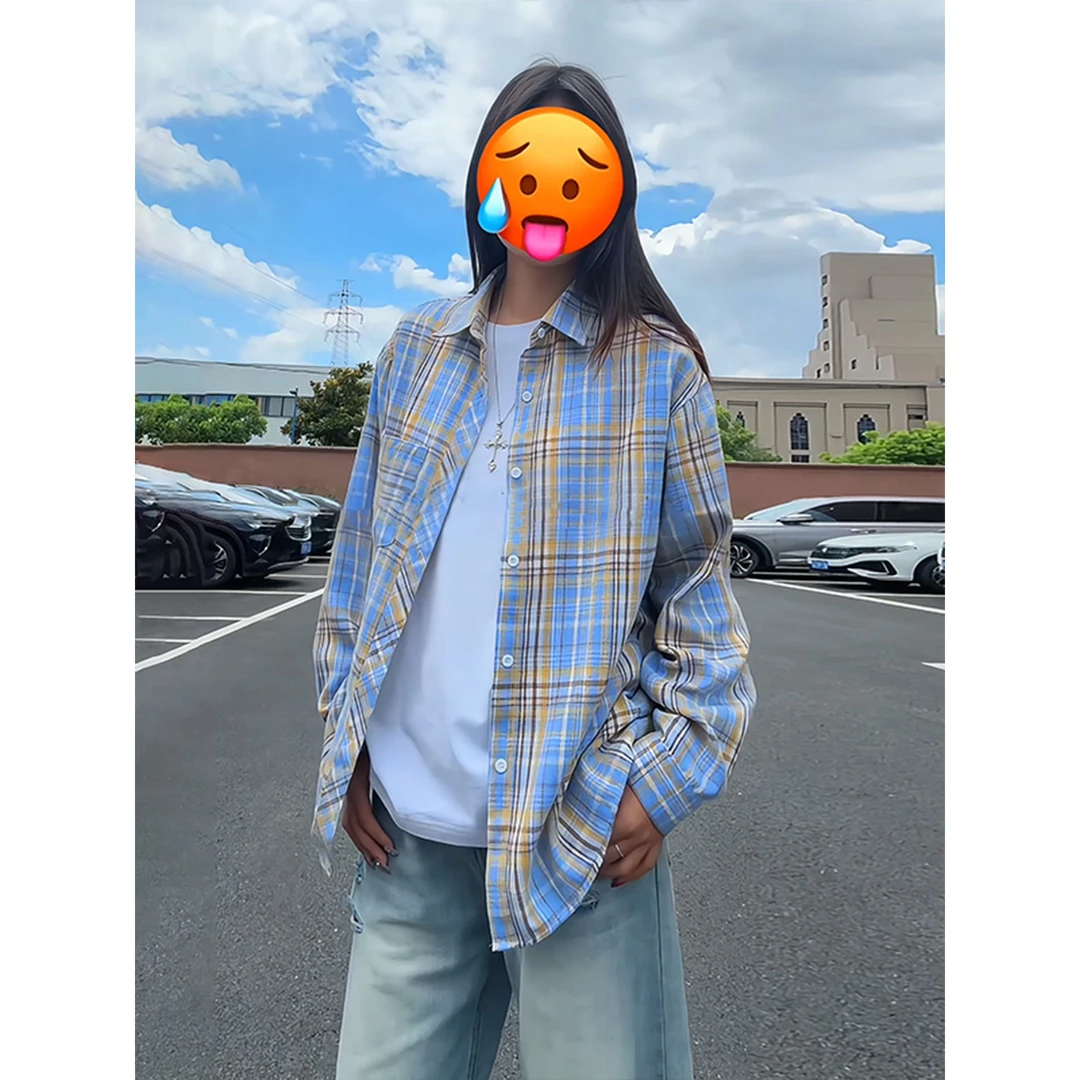 黄蓝格子长袖衬衫男女款秋季高级感vintage美式格纹衬衣情侣外套