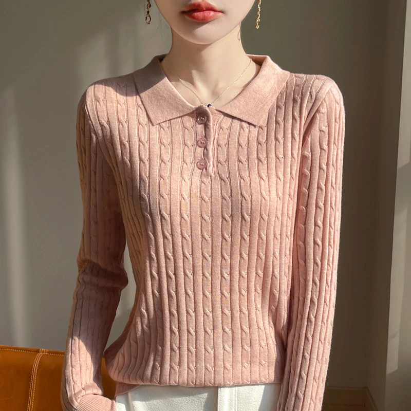 POLO翻领复古麻花针织打底衫女2025春秋薄款精纺毛衫设计感上衣
