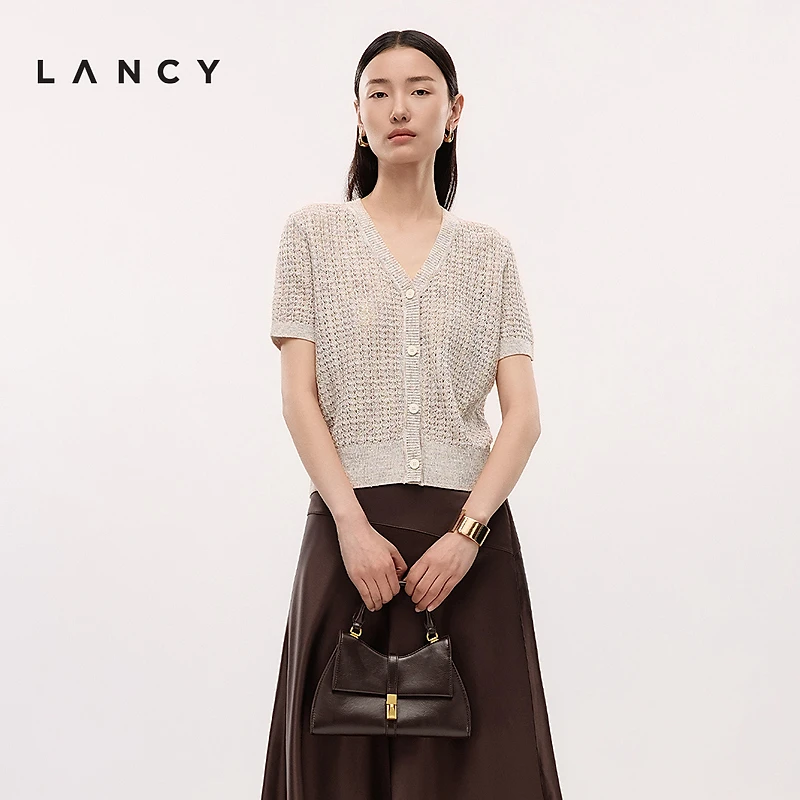 LANCY/朗姿2025年夏新款气质高级棉麻镂空短袖针织开衫V领上衣女
