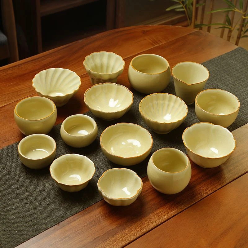 开片可养米黄汝窑中式主人杯汝窑禅定杯茶杯陶瓷品茗杯家用茶碗