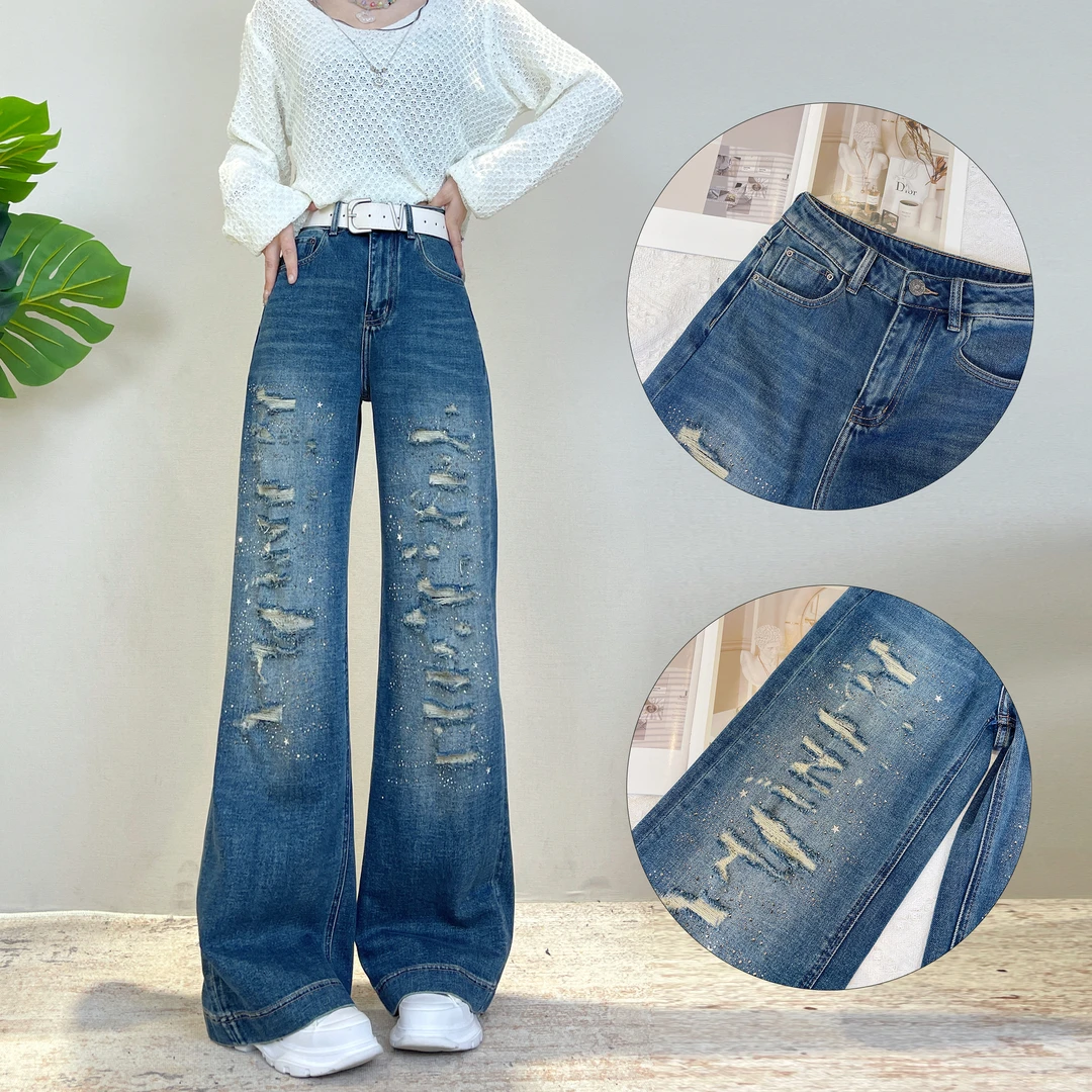 迪否破洞镶钻阔腿裤女秋季新款宽松百搭慵懒风女款牛仔裤6331