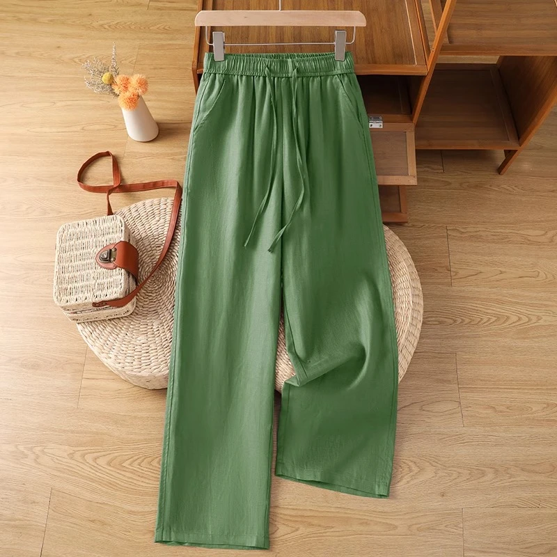 天丝亚麻阔腿裤女士夏季薄款2025新款松紧高腰垂感绿色棉麻直筒裤