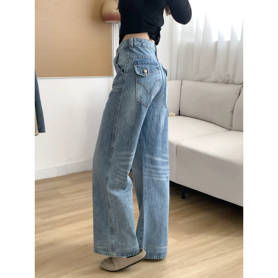 美式水洗阔腿牛仔裤女2025秋季新款宽松设计感口袋小众直筒拖地裤