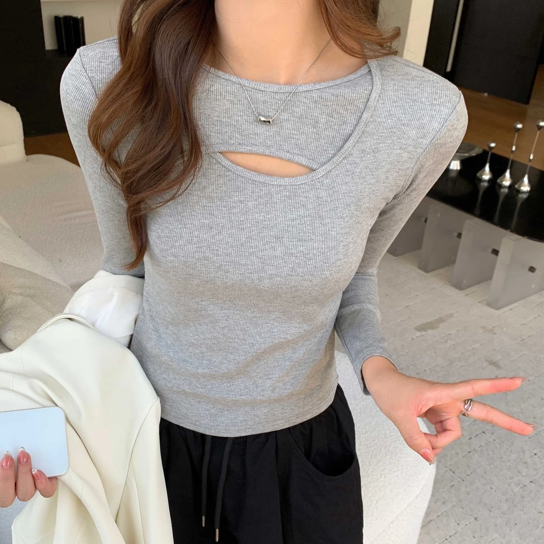 长袖打底衫圆领镂空修身学院风方领T恤显瘦洋气内搭时尚百搭秋冬