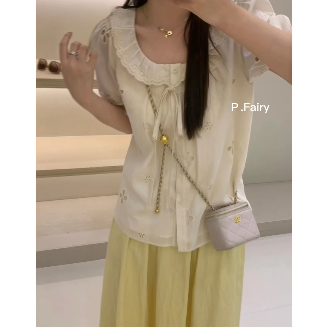 PASSERBY FAIRY 【烂漫初夏】花边镂空钩花刺绣娃娃领衬衫C012小众