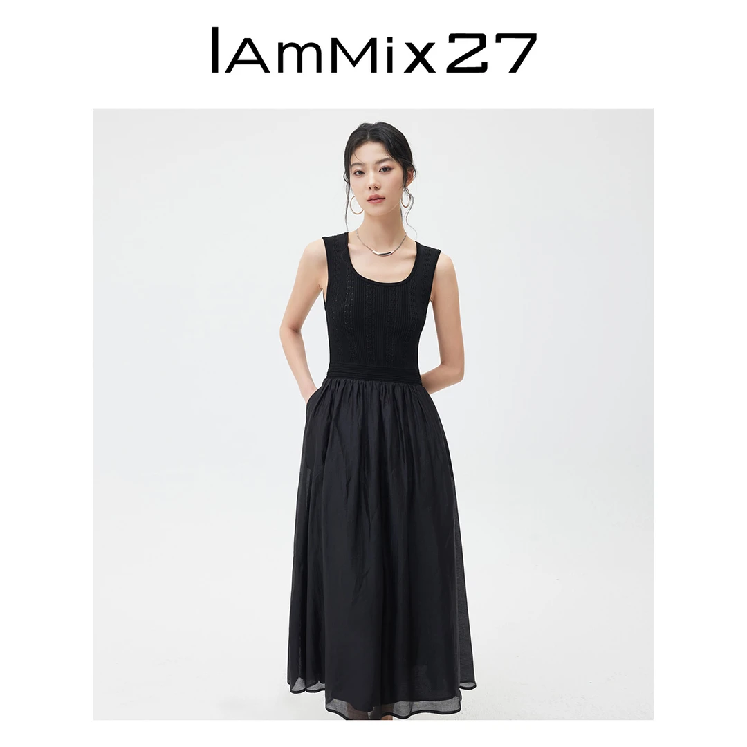 Iammix27黑色无袖高腰显瘦针织拼接网纱背心裙女长裙M4C9181