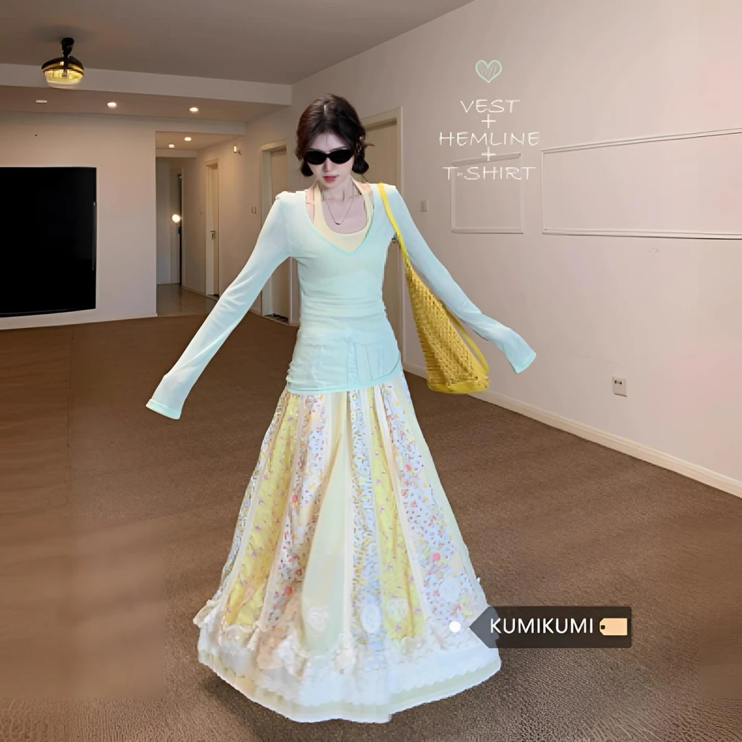 温柔风套装女长袖T恤内搭挂脖背心上衣春季别致打底半身裙三件套