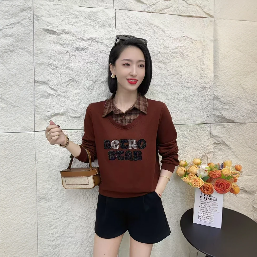 【金宏丽服饰】秋冬新款女士卫衣时尚假两件字母印花宽松显瘦上衣