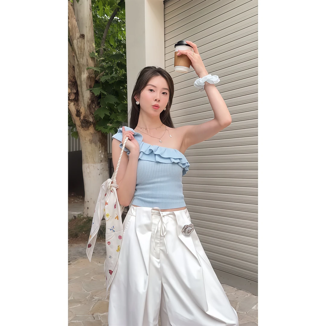 设计感小众斜肩显瘦百搭上衣女2025春季新款高腰阔腿垂感拖地裤子