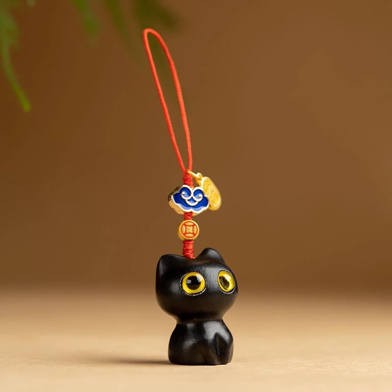 黑檀招财猫咪手机链吊坠个性创意紫光檀钥匙扣包包挂件可爱饰品