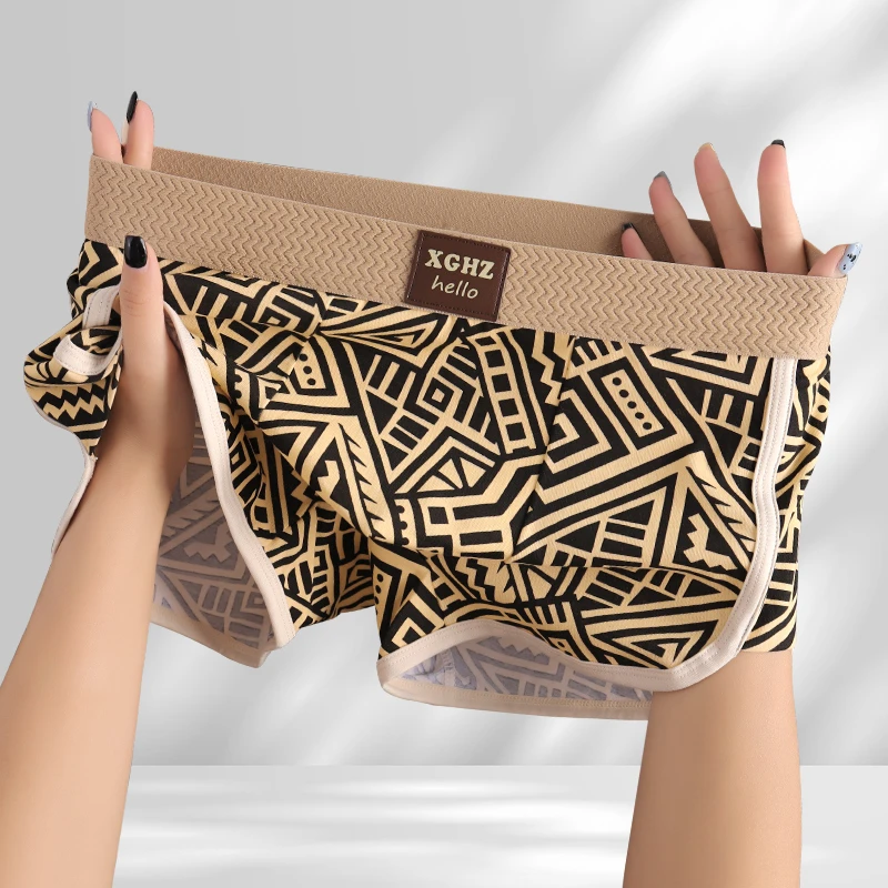 新款潮流印花平角裤美式几何男款短裤透气青年中腰舒适运动四角裤