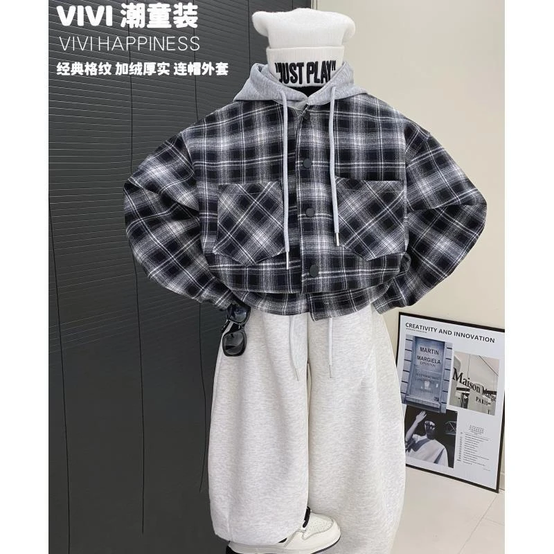 【现货】VIVI童装【时尚宠儿】冬款中大童加绒柔软格子连帽衬衣外套