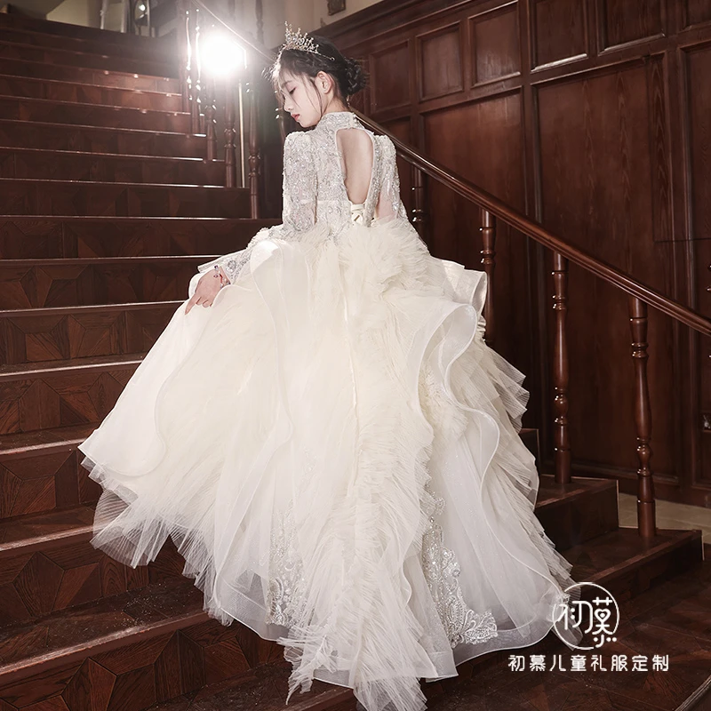 女童生日公主裙高端婚礼小女孩春晚主持人儿童钢琴演出晚礼服重工