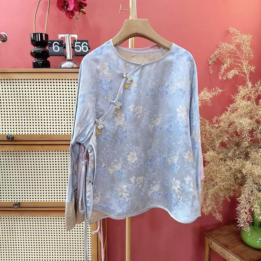 【月海】新中式春夏双色花纹新款简约风时尚小衫