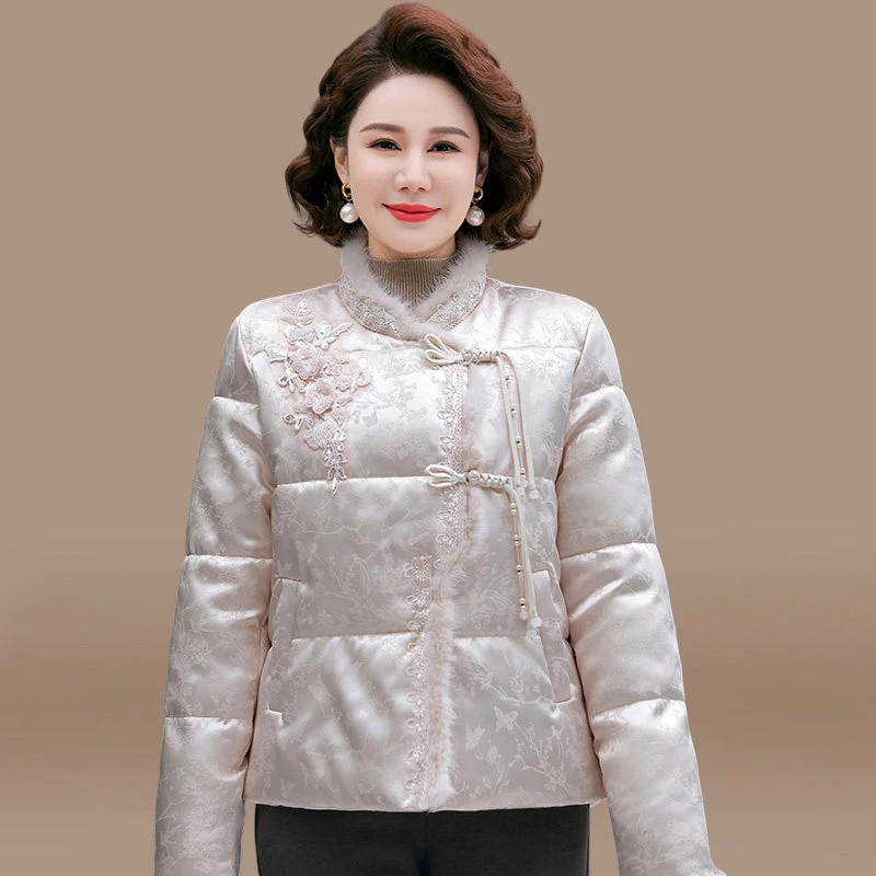 妈妈冬装羽绒棉服洋气唐装过年衣服2024新款中老年秋冬棉袄外套女