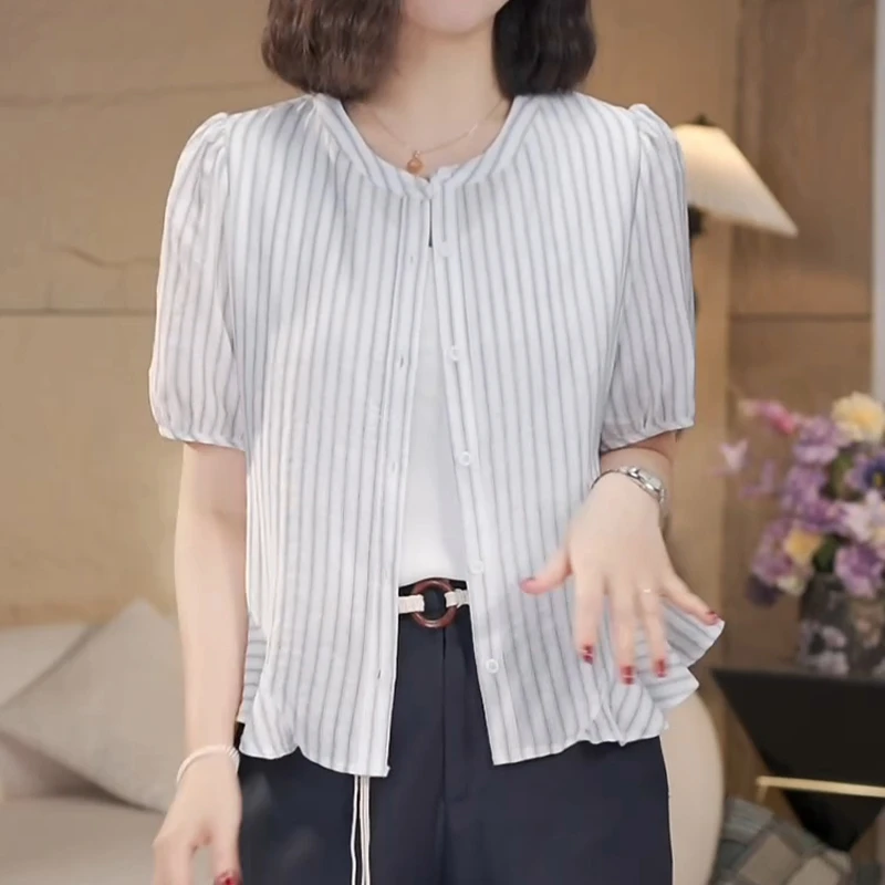 法式高级撞色条纹设计感荷叶边短袖衬衫夏季轻薄减龄百搭圆领上衣