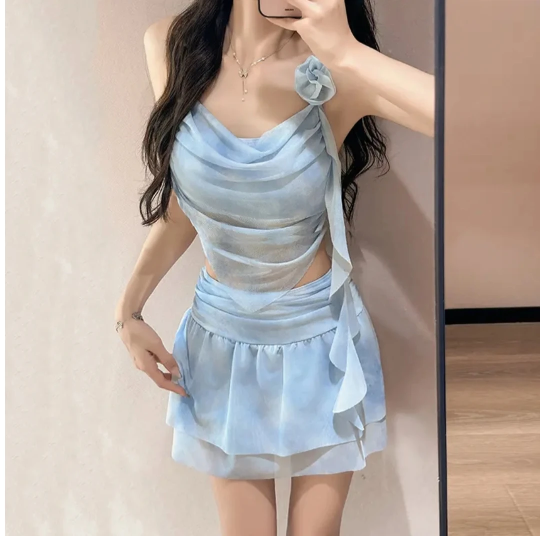 仙女范分体两件式女性温泉裙式立体花朵飘带泳衣