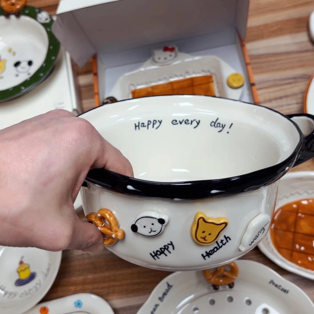 白瓷纽扣小狗八寸双耳大汤盆