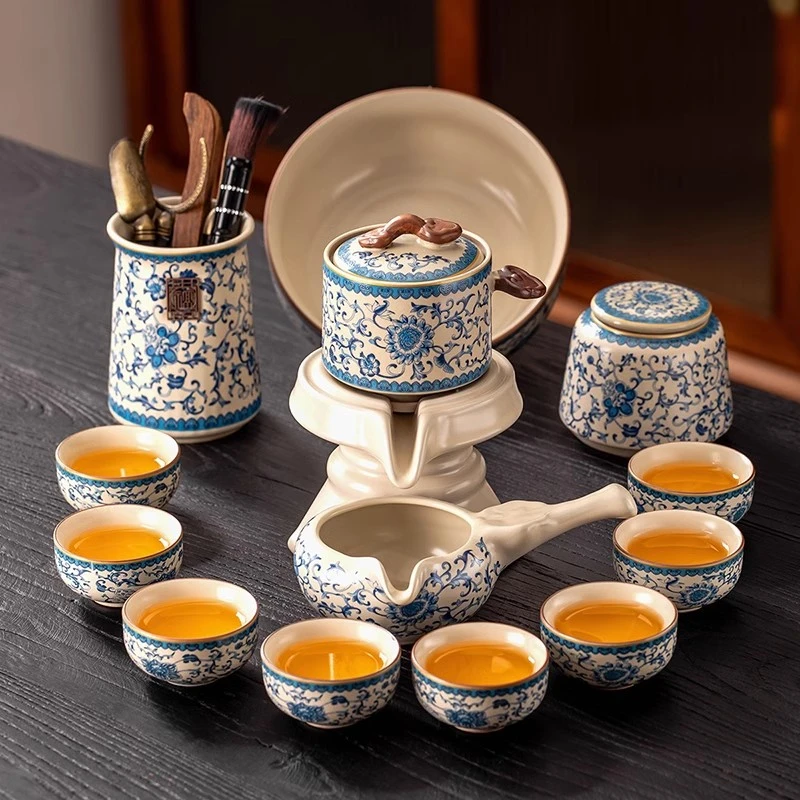青花汝窑懒人泡茶神器石磨旋转出水自动茶具套装家用功夫茶壶茶杯