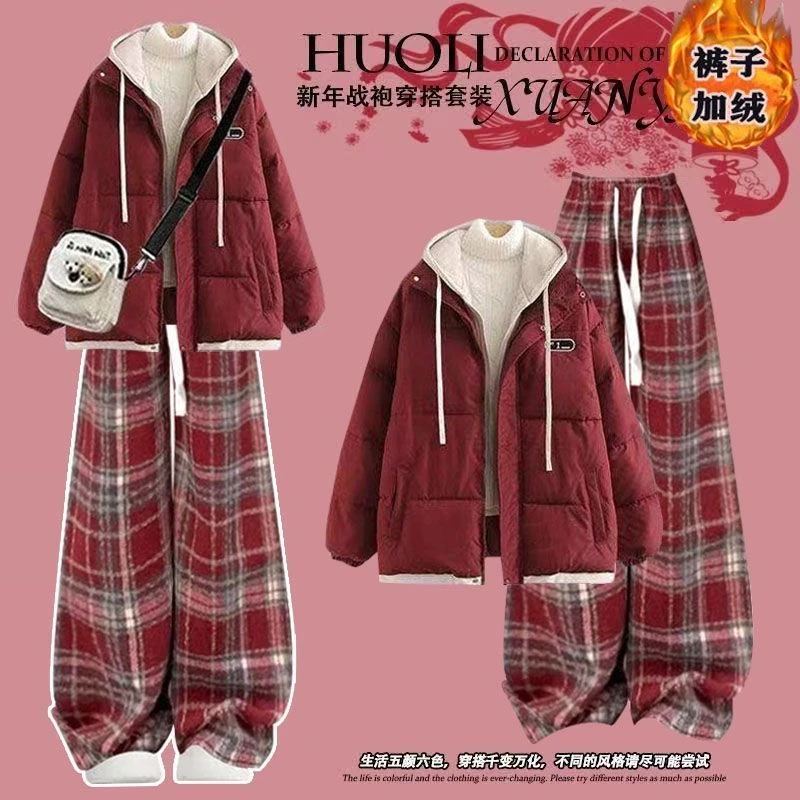 少女大童冬天套装甜美红色服棉袄外套阔腿裤加绒保暖两件套