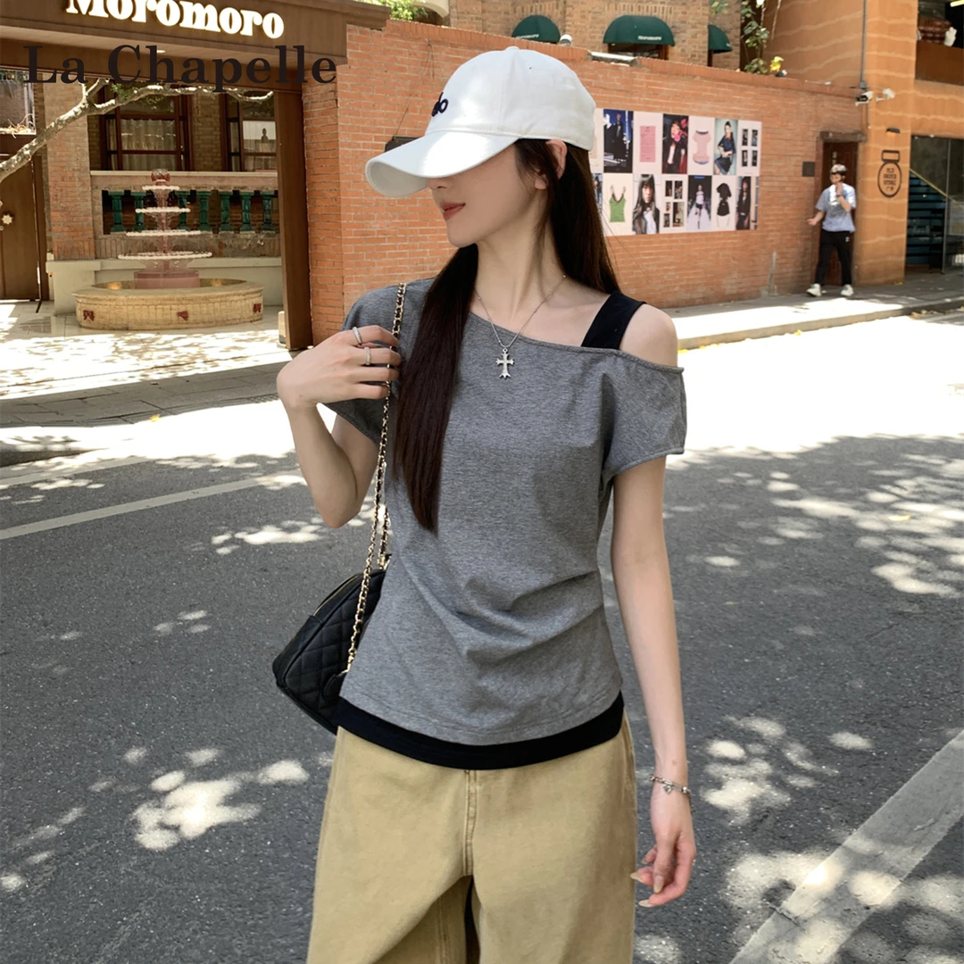 拉夏贝尔假两件露肩短袖T恤女夏季2025新款修身显瘦独特绝美上衣