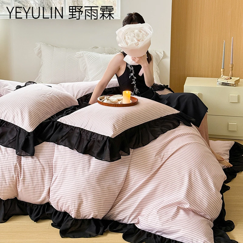 法式雪纺花边纯棉四件套少女心公主风条纹全棉被套床笠式床上用品