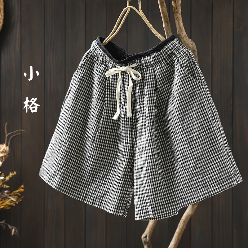 棉麻黑白格子短裤女外穿夏小个子2025新款宽松休闲百搭薄款直筒裤