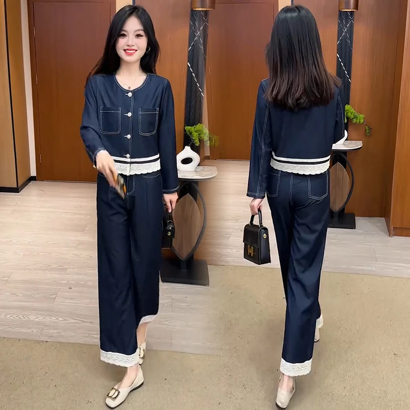 时尚小个子牛仔套装女2025春季新款洋气显瘦短外套阔腿裤两件套潮