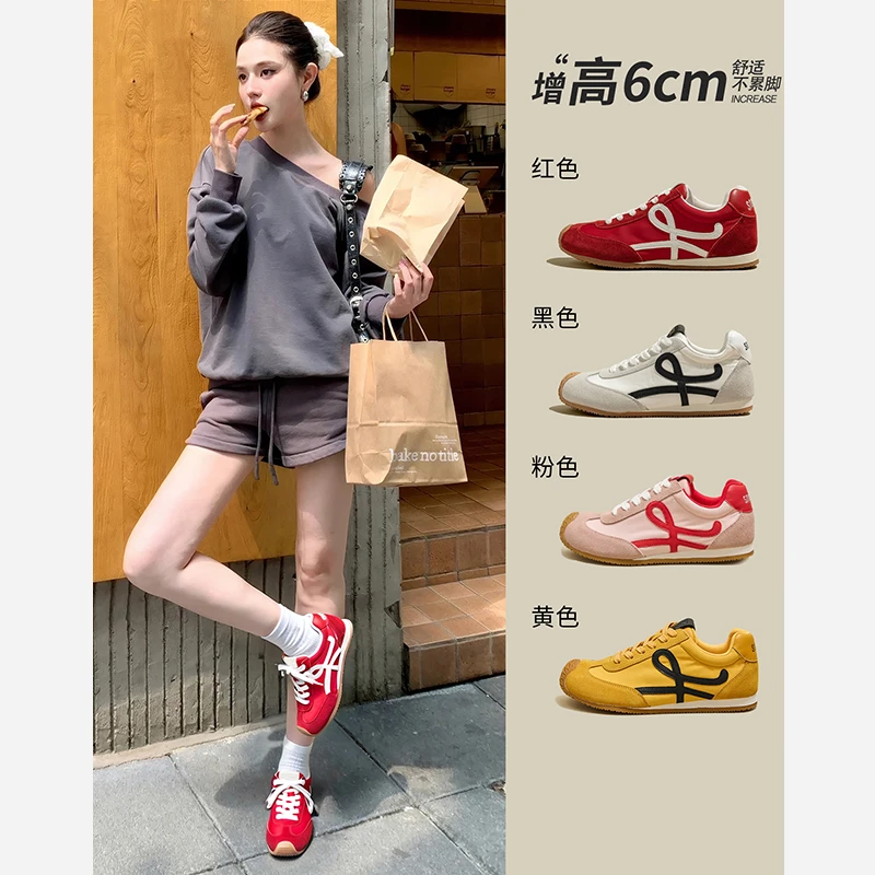 内增高德训鞋女款2025新款夏季红色鞋子厚底透气休闲鞋软底运动鞋