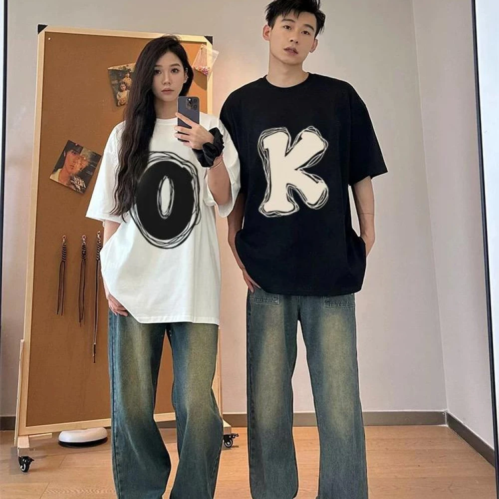 不一样OK情侣装纯棉320G重磅T恤圆领慵懒风字母短袖男女款情侣装