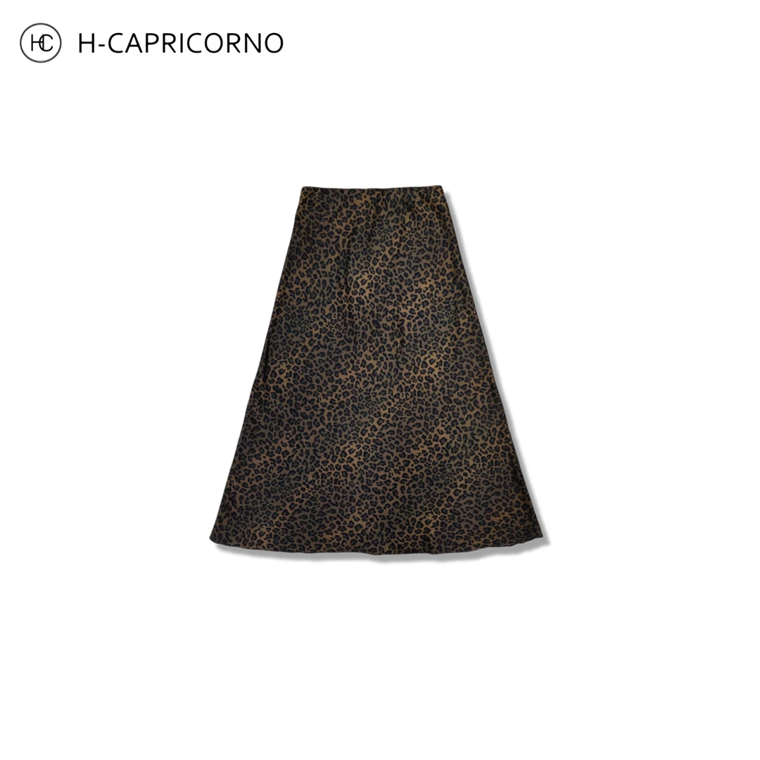 H-CAPRICORNO经典摩登精致丝滑丝混好莱坞小黑豹纹半裙