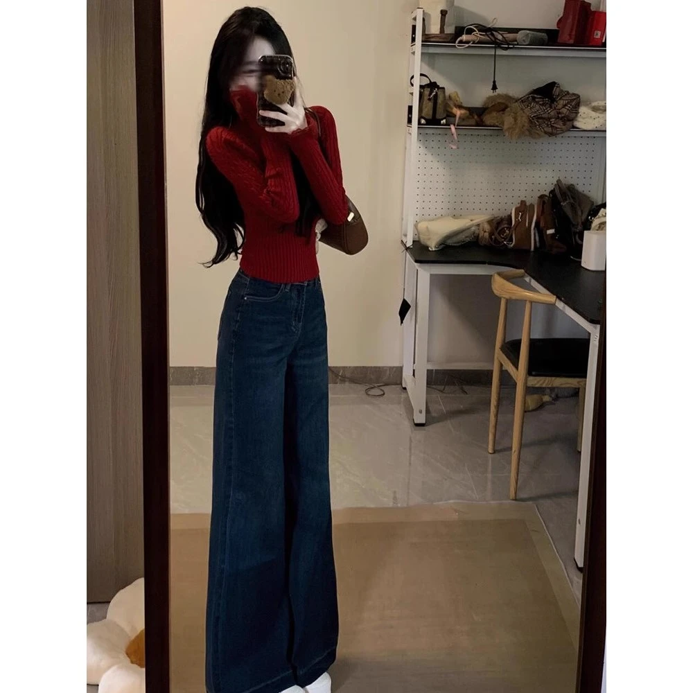 复古深蓝色垂感喇叭牛仔裤女秋冬新款宽松显瘦水洗高腰阔腿长裤子