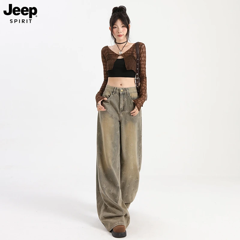 Jeep吉普复古重工十字星满印牛仔裤女新款宽松显瘦做旧直筒裤子