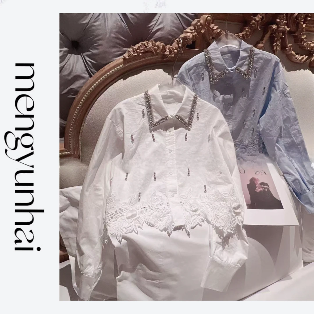 春季立领衬衫拼接蕾丝重工钉珠拼接镂空钩花时尚宽松长袖衬衣