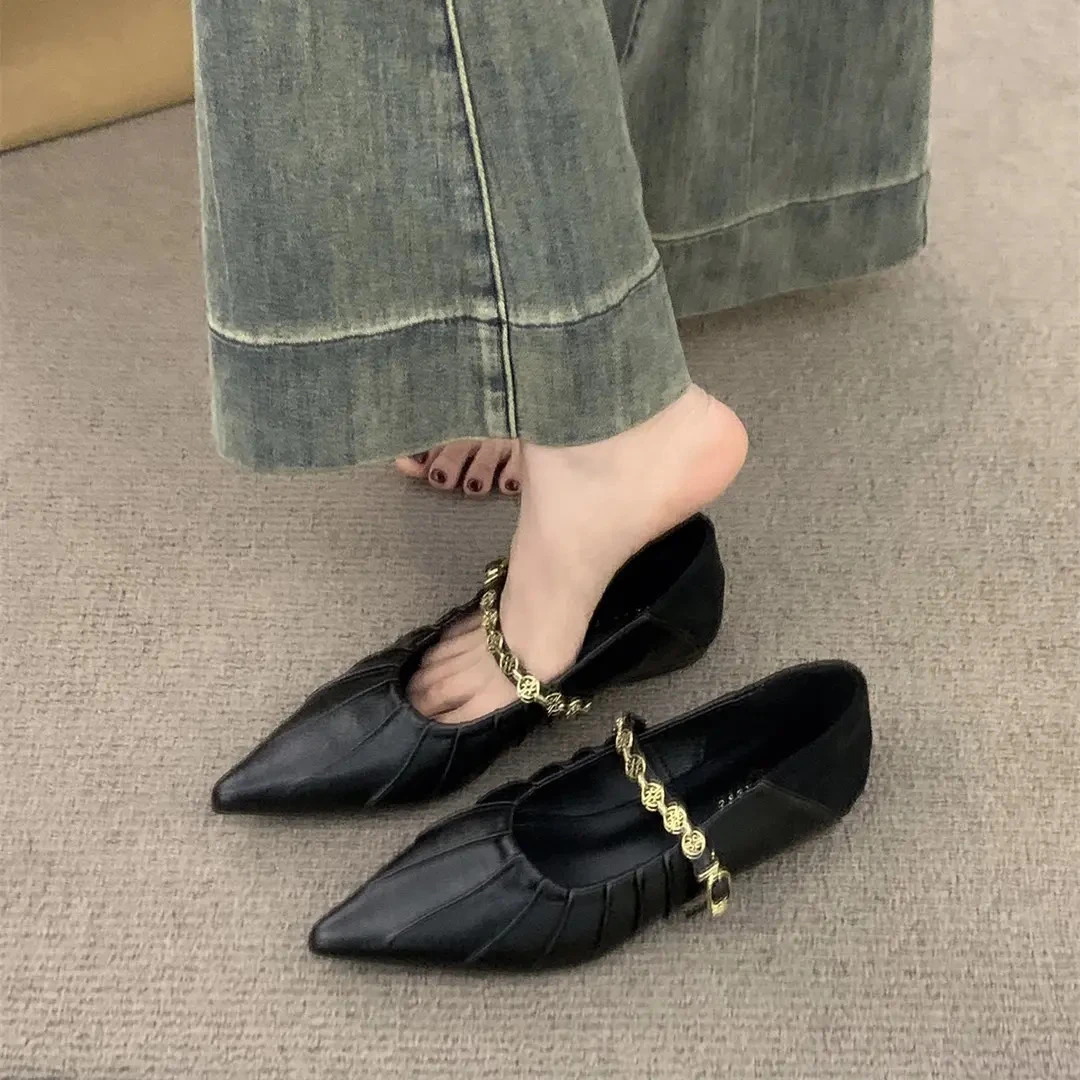 【内增高3cm】法式尖头玛丽珍女鞋子2025新款秋季褶皱百搭黑色单鞋