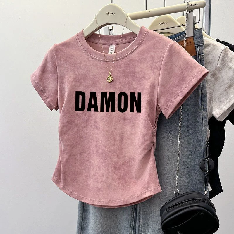 夏季新款收腰褶皱短款上衣女扎染辣妹短袖别致正肩字母印花T恤女