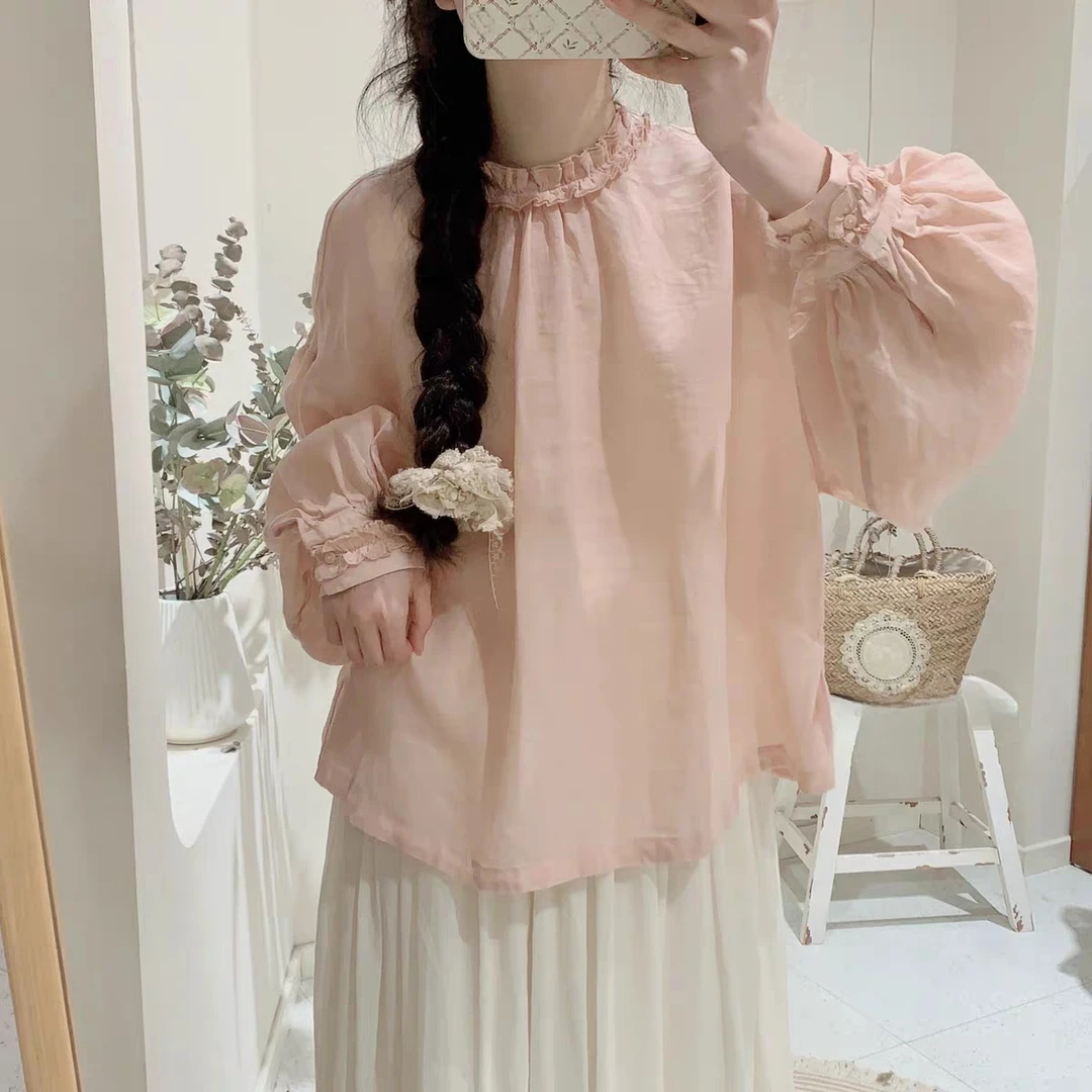 S2487【桃花扇】日系木耳边领衬衫女洋气甜美减龄宽松文艺上衣