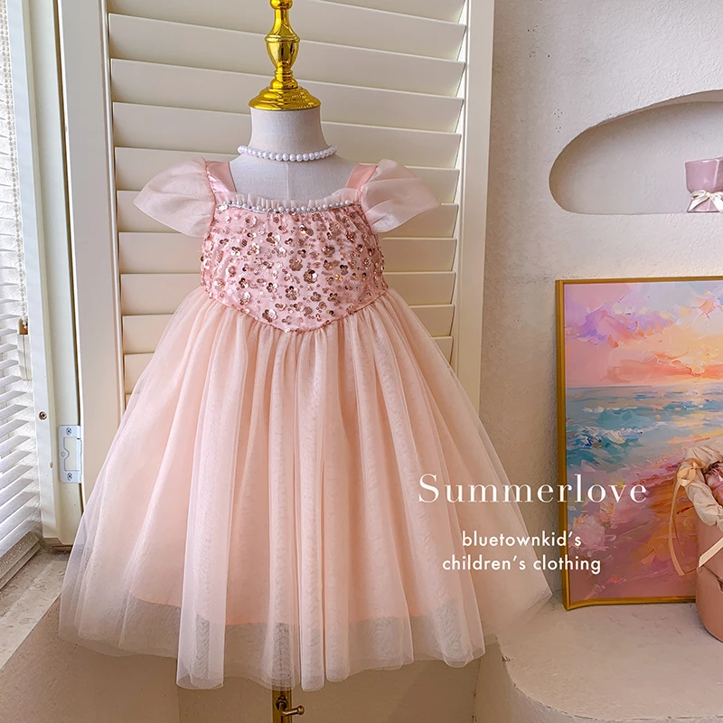 2025夏“星月入海”韩版女童泡泡袖网纱亮片连衣裙258820