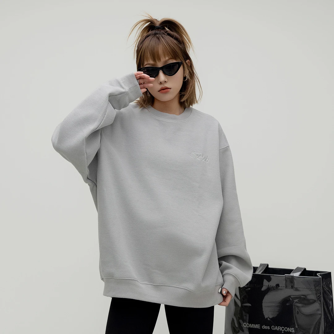 2025春季新款刺绣字母华夫格连帽加绒卫衣情侣宽松外套潮