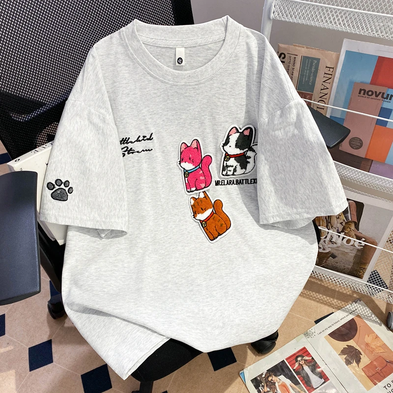 重磅纯棉短袖刺绣圆领贴布立体t恤ins休闲夏装美式绣花上衣服ins