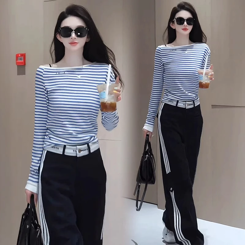 套装女2025吃春季新款洋气显瘦修身条纹T恤高腰阔腿裤休闲两件套
